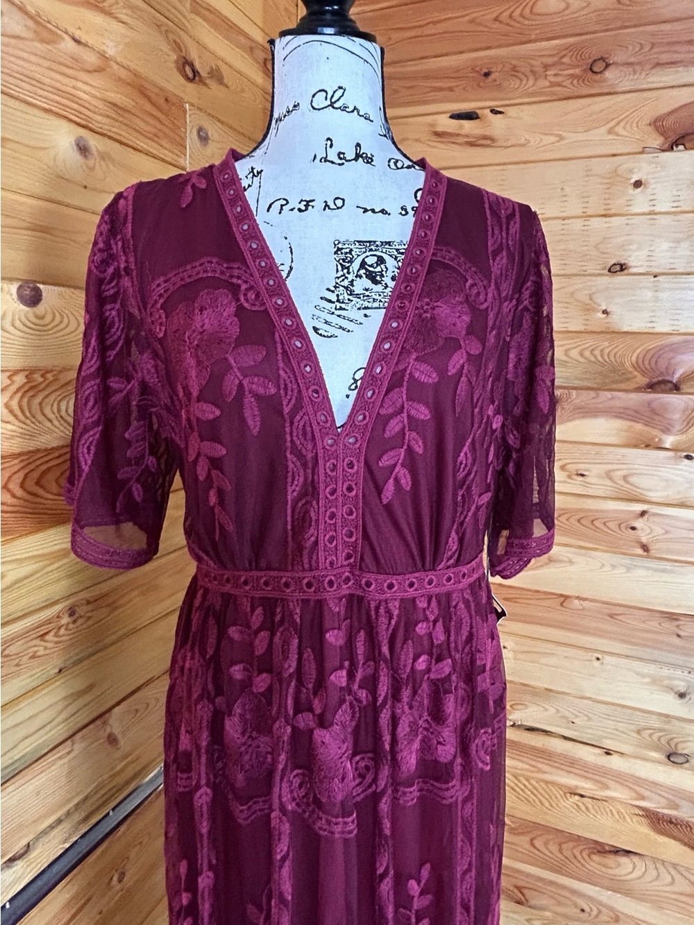 Haute Monde Burgundy Sheer Lace Maxi Dress